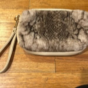 Taupe Faux Fur Wristlet Clutch Purse Bag